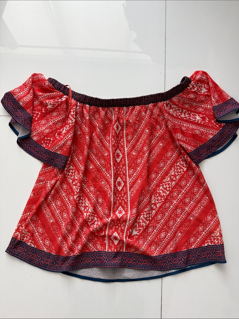 Jealous Tomato Red Off-Shoulder Printed Peasant Top with Navy Trim